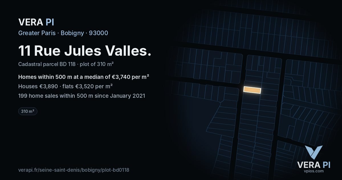 11 Rue Jules Valles, Bobigny at night – the plot lit, the parcels around coloured by the prices near them