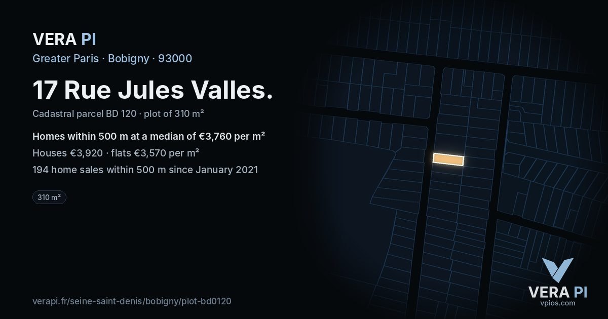 17 Rue Jules Valles, Bobigny at night – the plot lit, the parcels around coloured by the prices near them