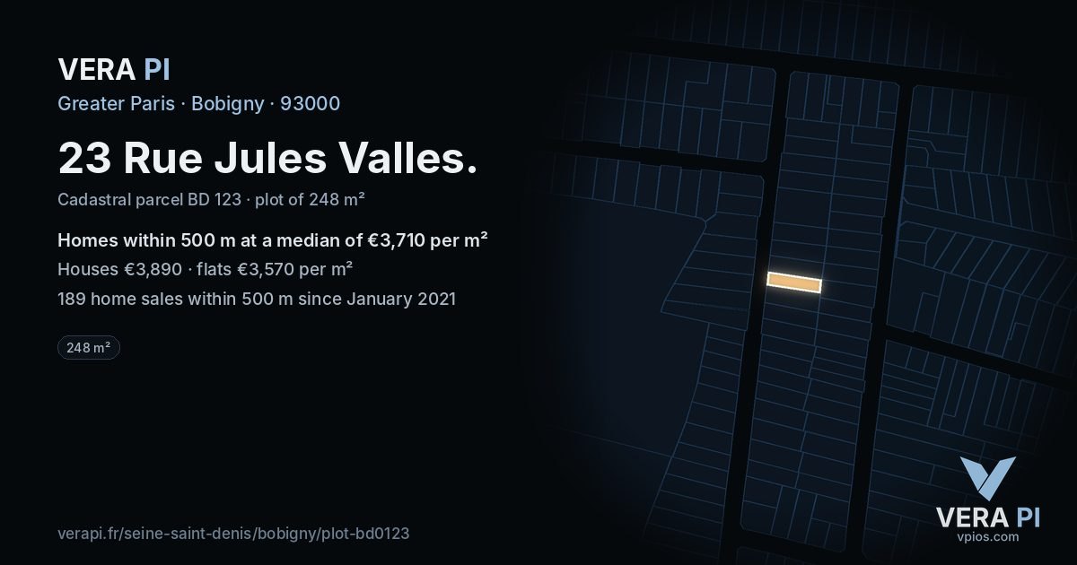 23 Rue Jules Valles, Bobigny at night – the plot lit, the parcels around coloured by the prices near them