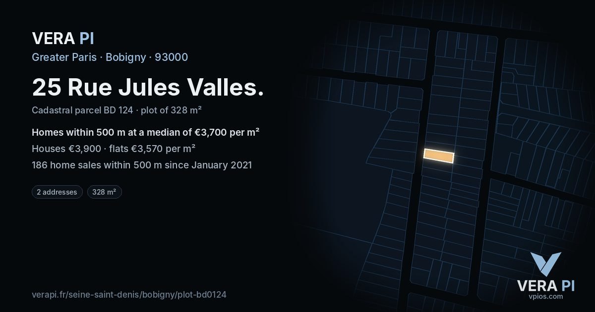 25 Rue Jules Valles, Bobigny at night – the plot lit, the parcels around coloured by the prices near them