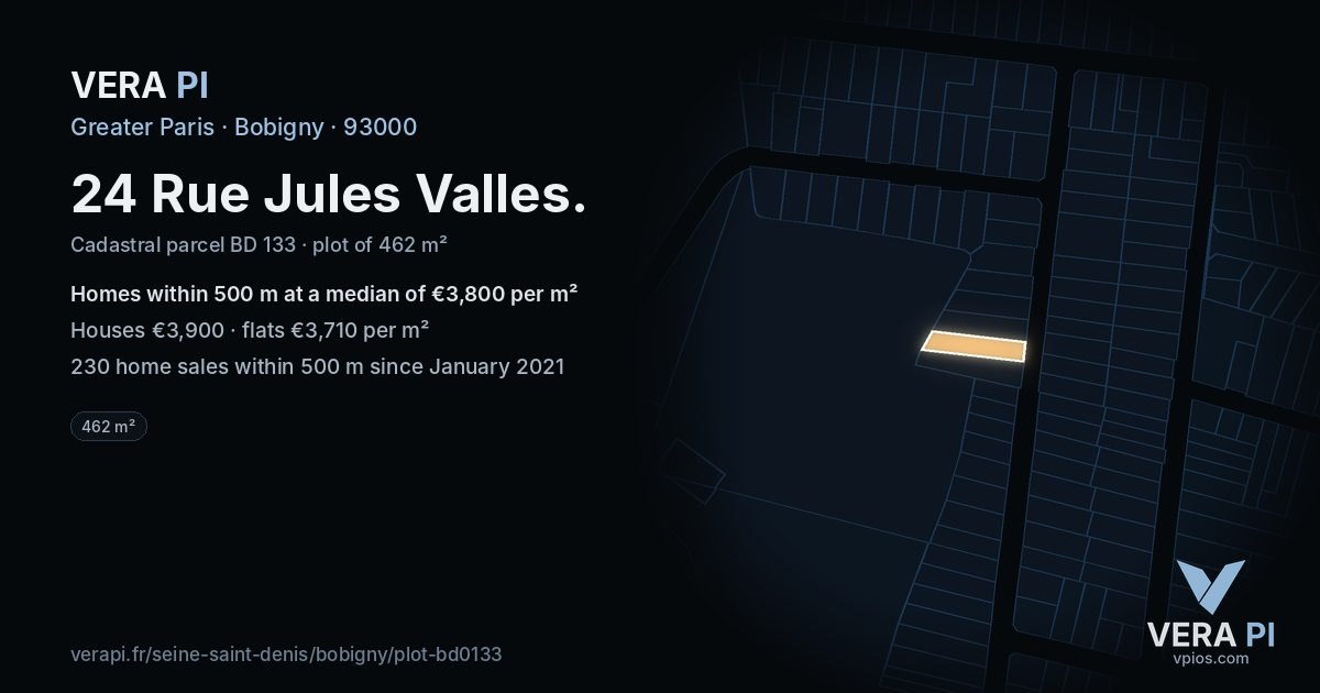 24 Rue Jules Valles, Bobigny at night – the plot lit, the parcels around coloured by the prices near them