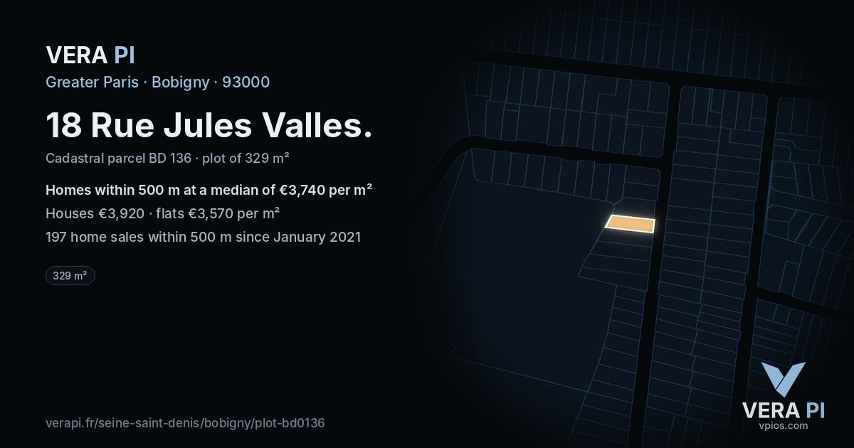 18 Rue Jules Valles, Bobigny at night – the plot lit, the parcels around coloured by the prices near them