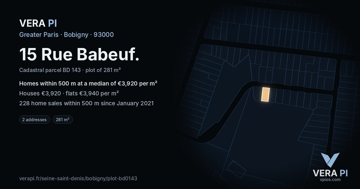 15 Rue Babeuf, Bobigny at night – the plot lit, the parcels around coloured by the prices near them