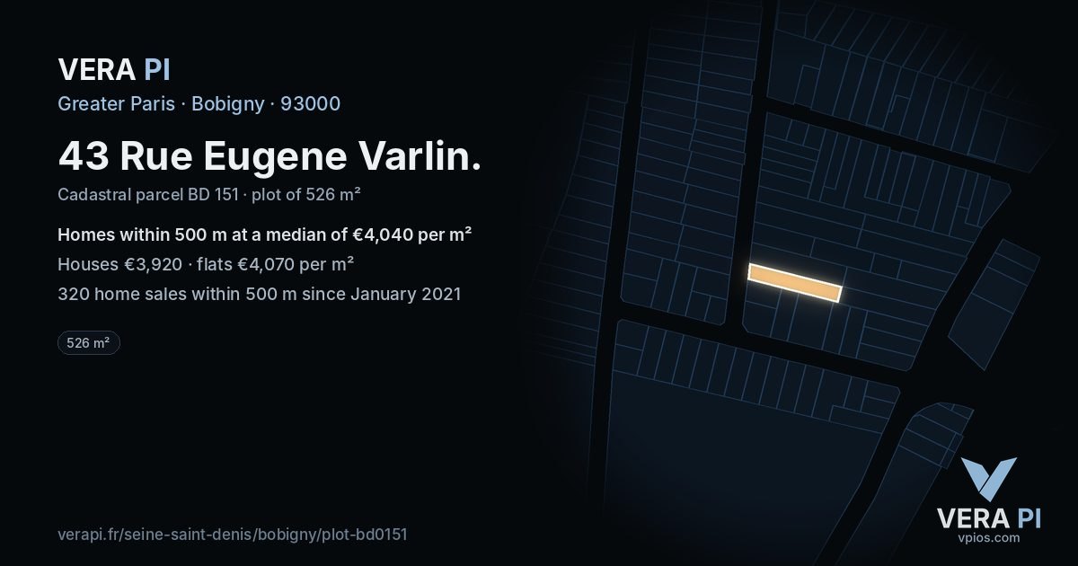 43 Rue Eugene Varlin, Bobigny at night – the plot lit, the parcels around coloured by the prices near them