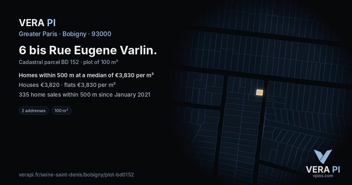 6 bis Rue Eugene Varlin, Bobigny at night – the plot lit, the parcels around coloured by the prices near them