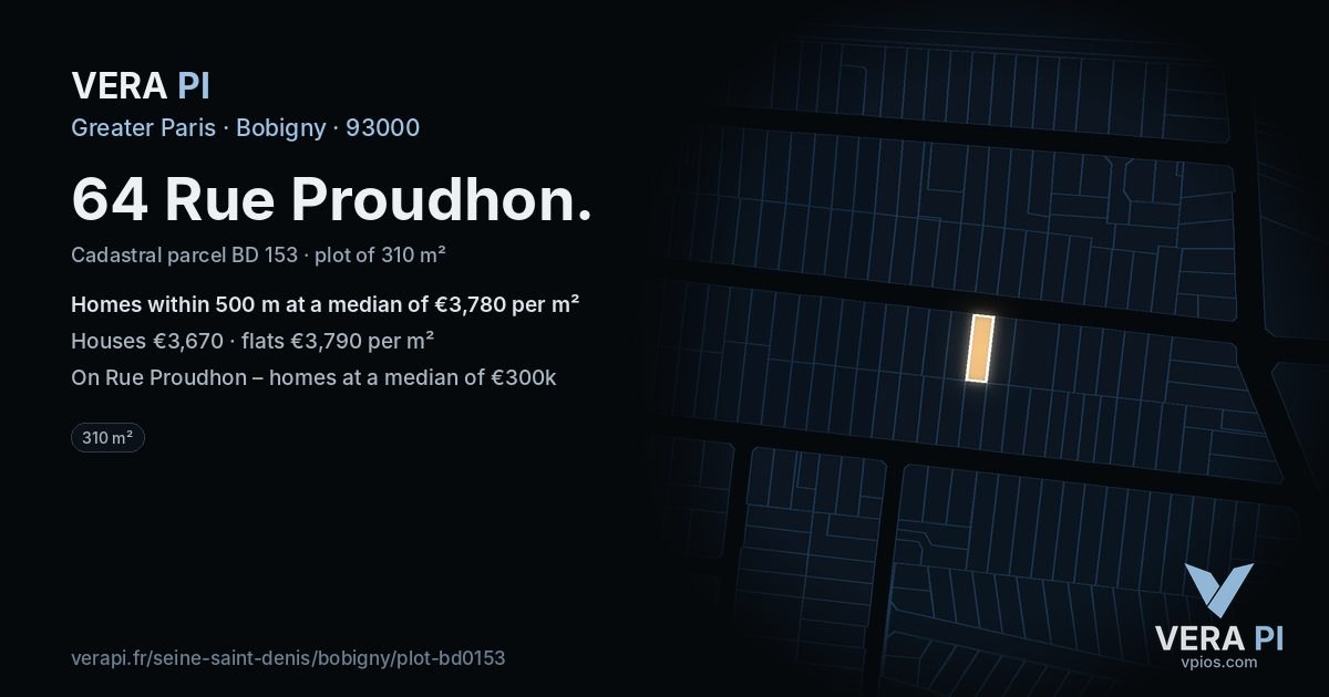64 Rue Proudhon, Bobigny at night – the plot lit, the parcels around coloured by the prices near them