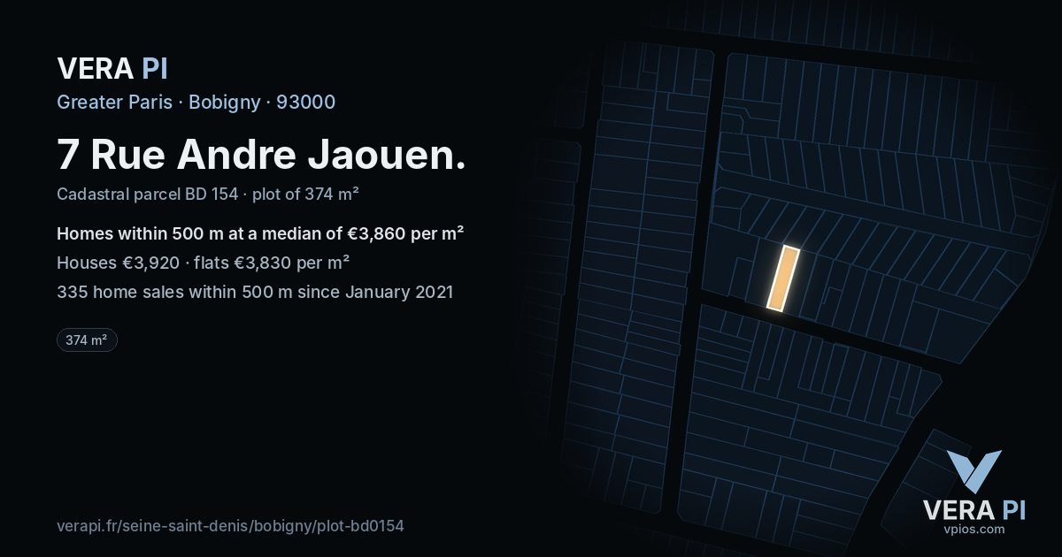 7 Rue Andre Jaouen, Bobigny at night – the plot lit, the parcels around coloured by the prices near them