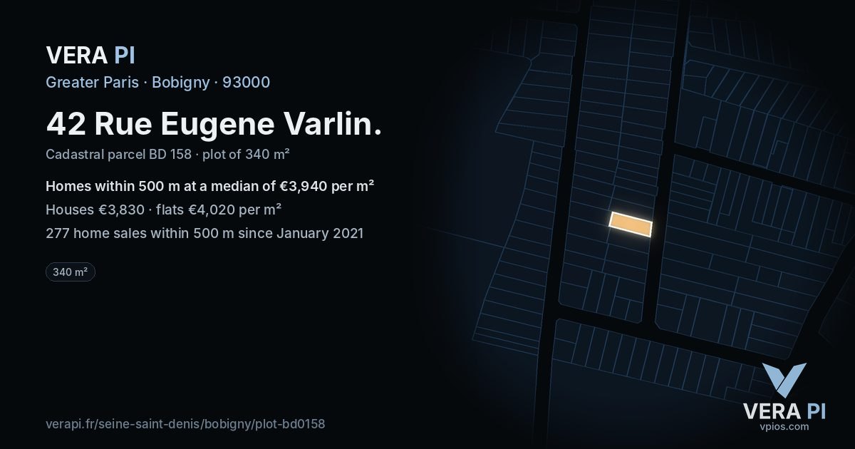 42 Rue Eugene Varlin, Bobigny at night – the plot lit, the parcels around coloured by the prices near them