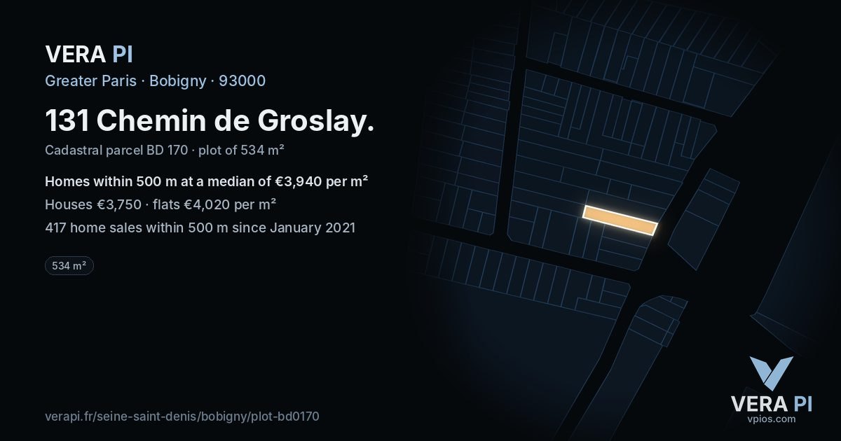 131 Chemin de Groslay, Bobigny at night – the plot lit, the parcels around coloured by the prices near them
