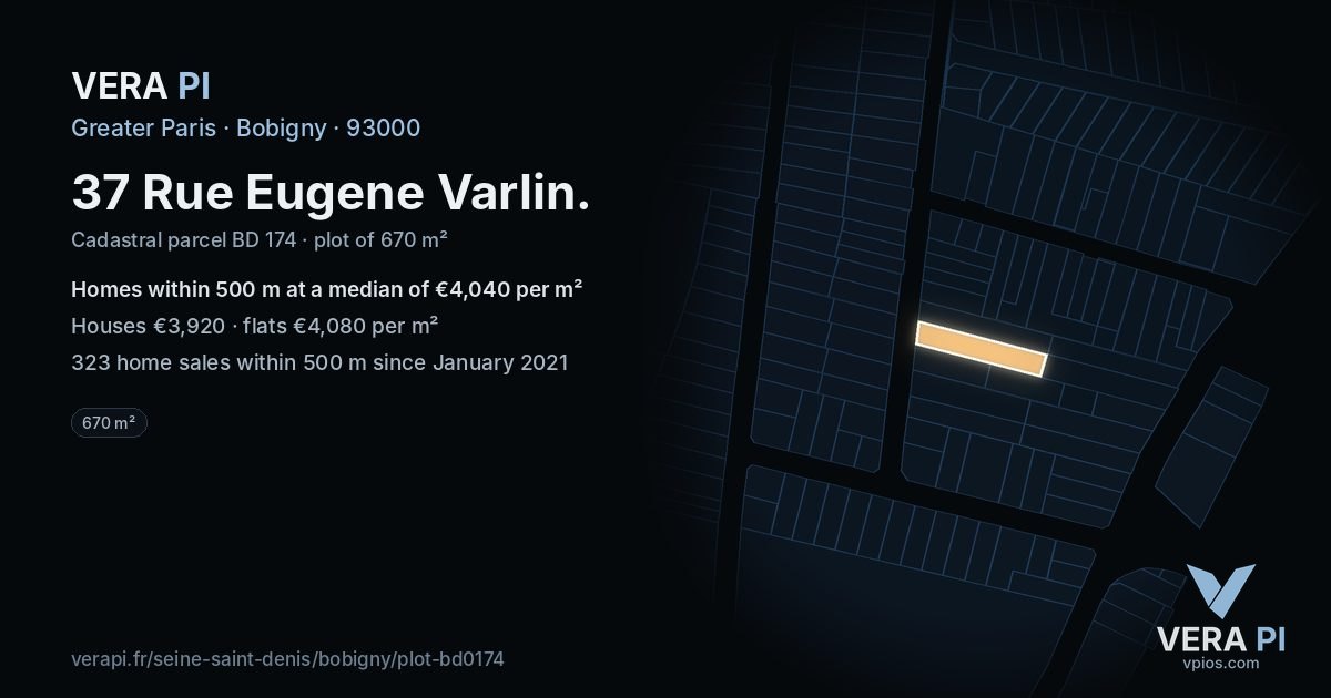 37 Rue Eugene Varlin, Bobigny at night – the plot lit, the parcels around coloured by the prices near them