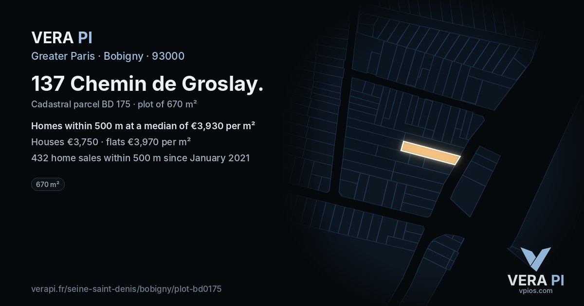 137 Chemin de Groslay, Bobigny at night – the plot lit, the parcels around coloured by the prices near them