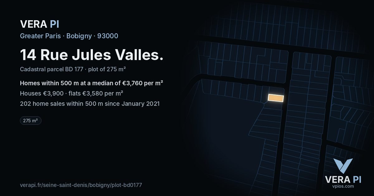 14 Rue Jules Valles, Bobigny at night – the plot lit, the parcels around coloured by the prices near them