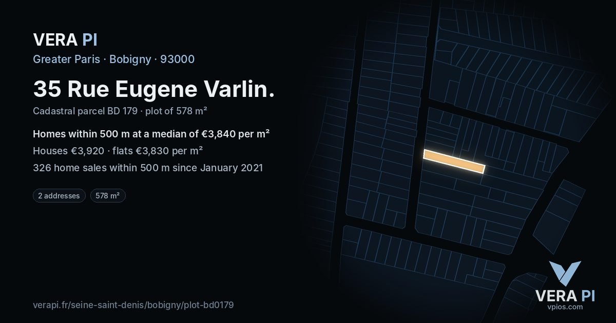 35 Rue Eugene Varlin, Bobigny at night – the plot lit, the parcels around coloured by the prices near them