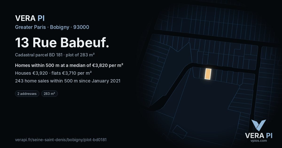 13 Rue Babeuf, Bobigny at night – the plot lit, the parcels around coloured by the prices near them