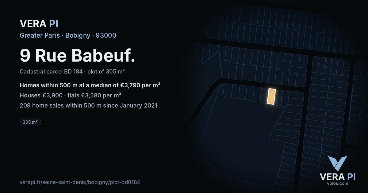 9 Rue Babeuf, Bobigny at night – the plot lit, the parcels around coloured by the prices near them