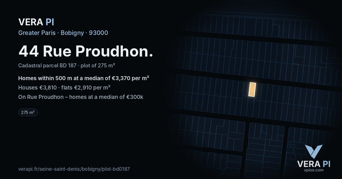 44 Rue Proudhon, Bobigny at night – the plot lit, the parcels around coloured by the prices near them