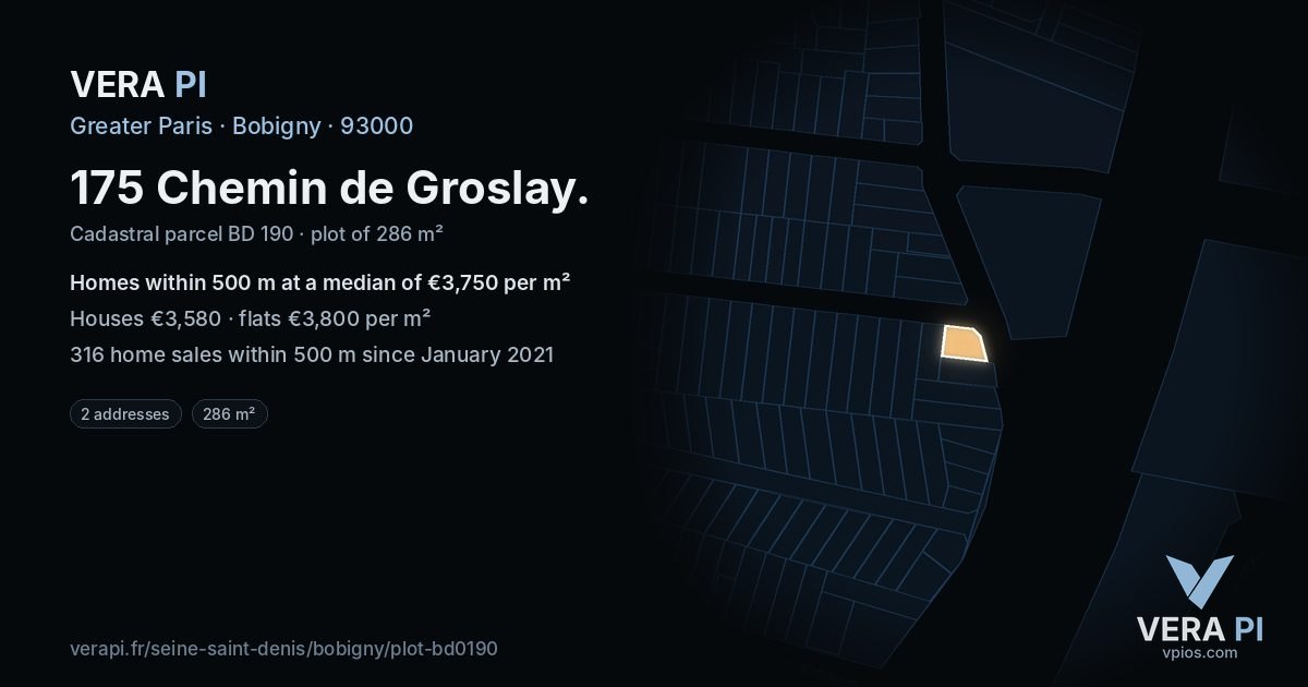 175 Chemin de Groslay, Bobigny at night – the plot lit, the parcels around coloured by the prices near them