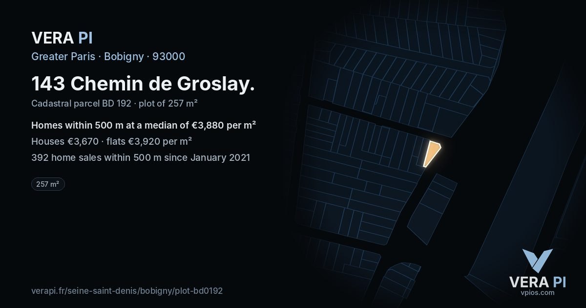 143 Chemin de Groslay, Bobigny at night – the plot lit, the parcels around coloured by the prices near them