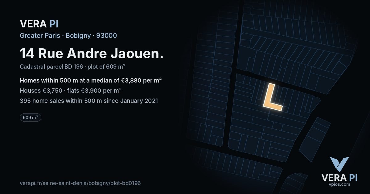 14 Rue Andre Jaouen, Bobigny at night – the plot lit, the parcels around coloured by the prices near them