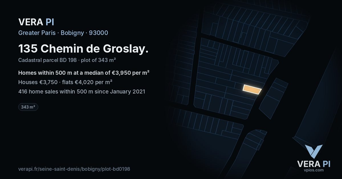 135 Chemin de Groslay, Bobigny at night – the plot lit, the parcels around coloured by the prices near them