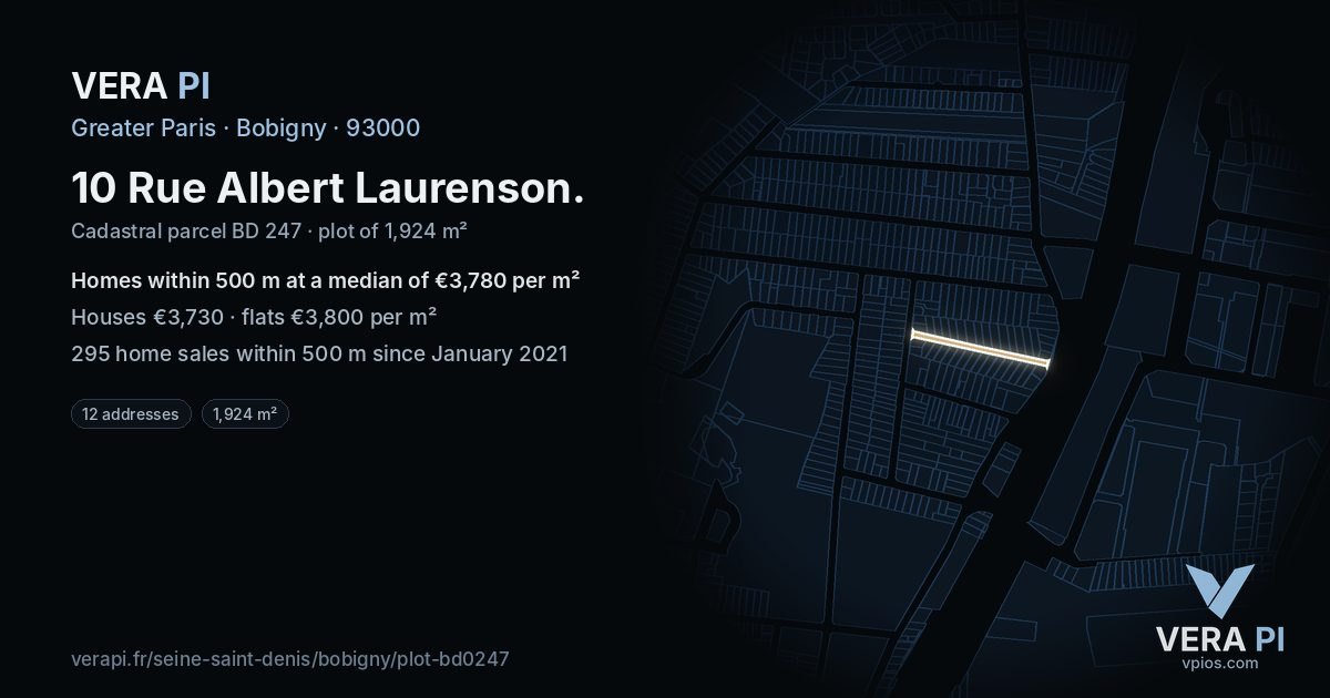 10 Rue Albert Laurenson, Bobigny at night – the plot lit, the parcels around coloured by the prices near them