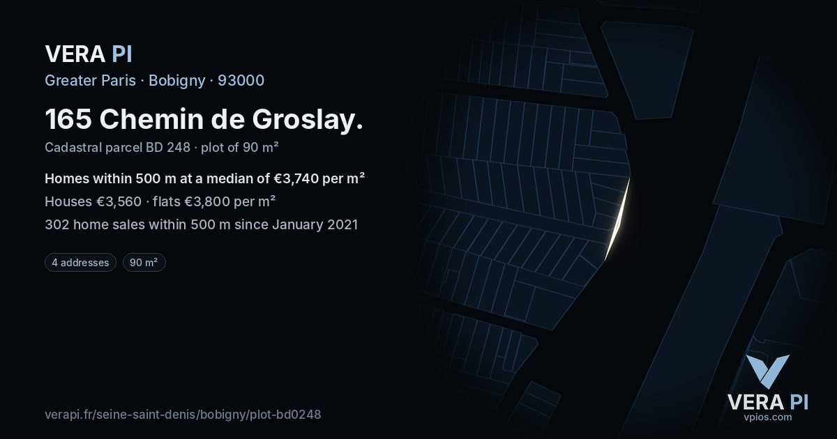 165 Chemin de Groslay, Bobigny at night – the plot lit, the parcels around coloured by the prices near them