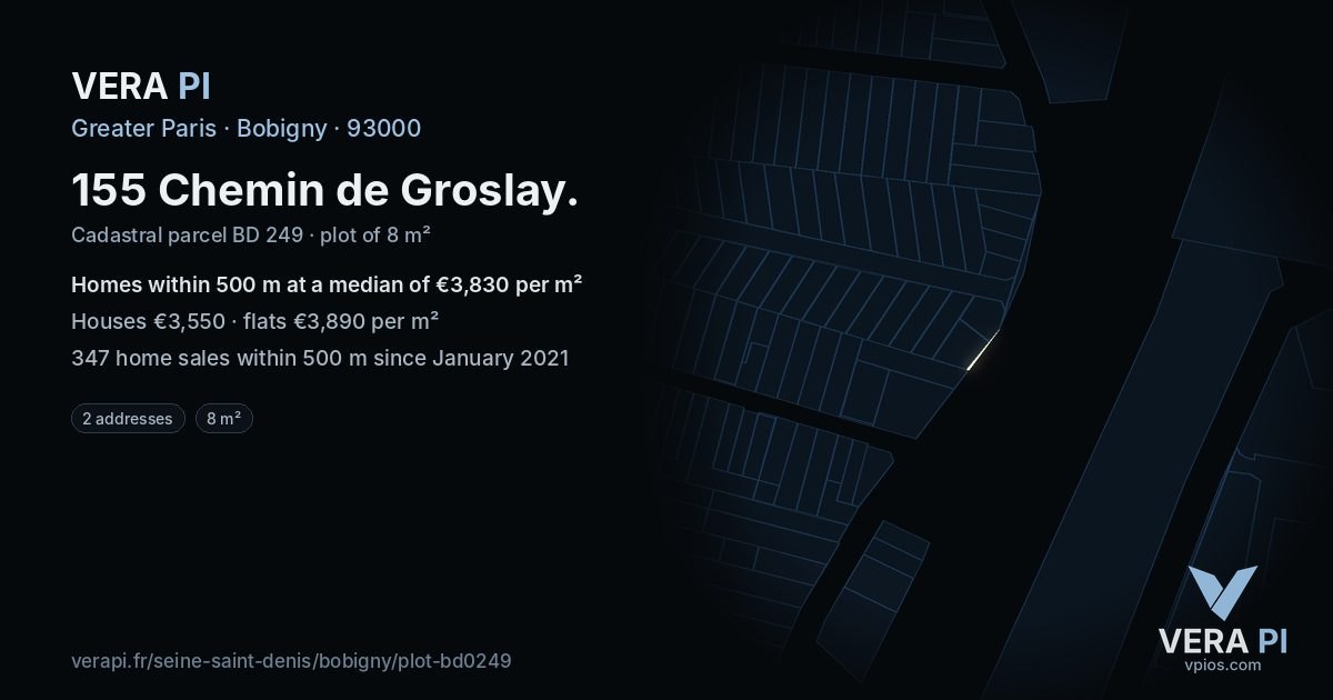 155 Chemin de Groslay, Bobigny at night – the plot lit, the parcels around coloured by the prices near them