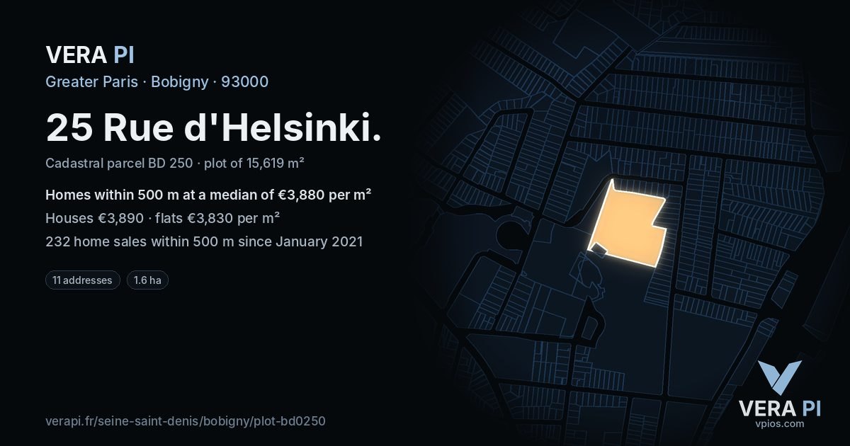 25 Rue d'Helsinki, Bobigny at night – the plot lit, the parcels around coloured by the prices near them