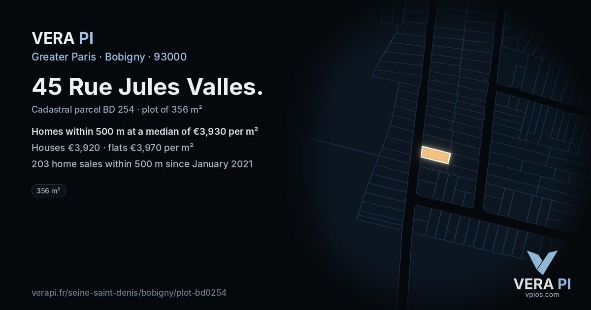 45 Rue Jules Valles, Bobigny at night – the plot lit, the parcels around coloured by the prices near them