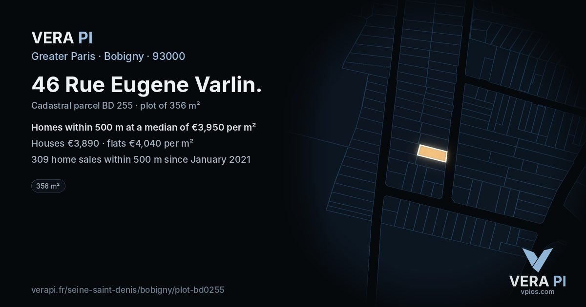 46 Rue Eugene Varlin, Bobigny at night – the plot lit, the parcels around coloured by the prices near them