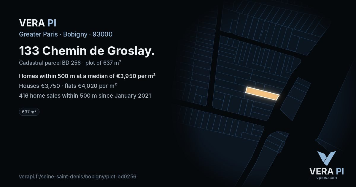 133 Chemin de Groslay, Bobigny at night – the plot lit, the parcels around coloured by the prices near them