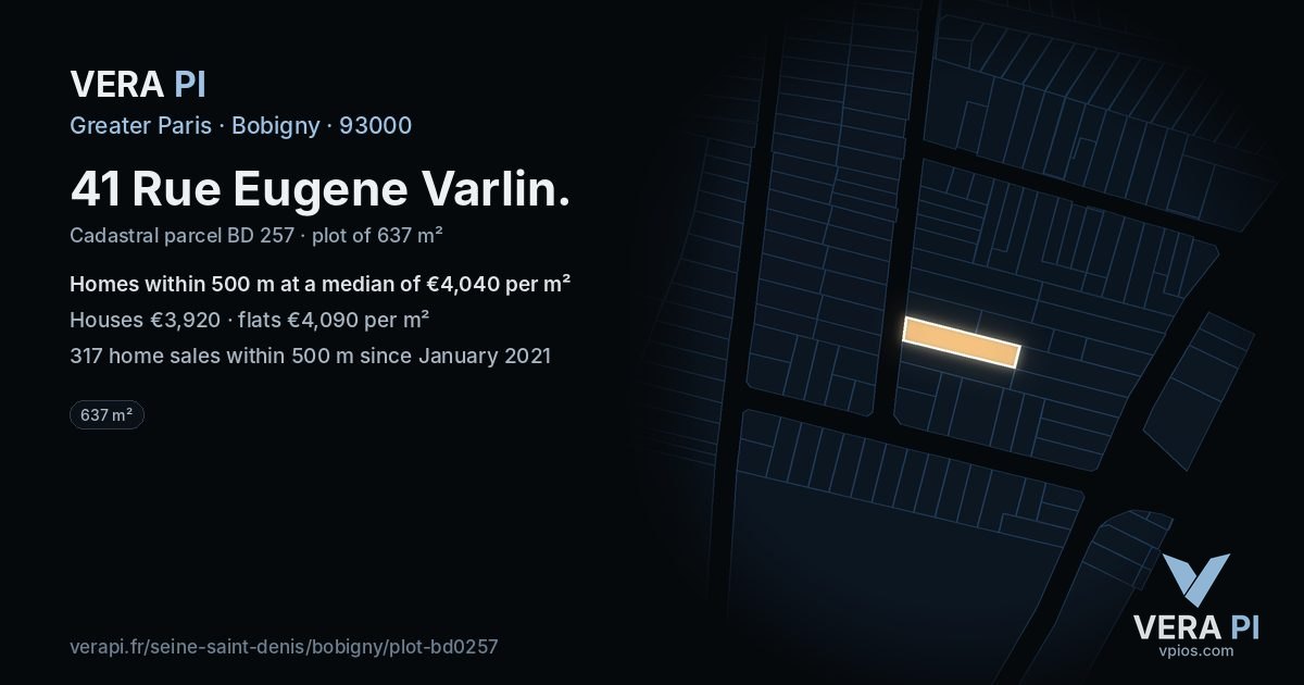 41 Rue Eugene Varlin, Bobigny at night – the plot lit, the parcels around coloured by the prices near them