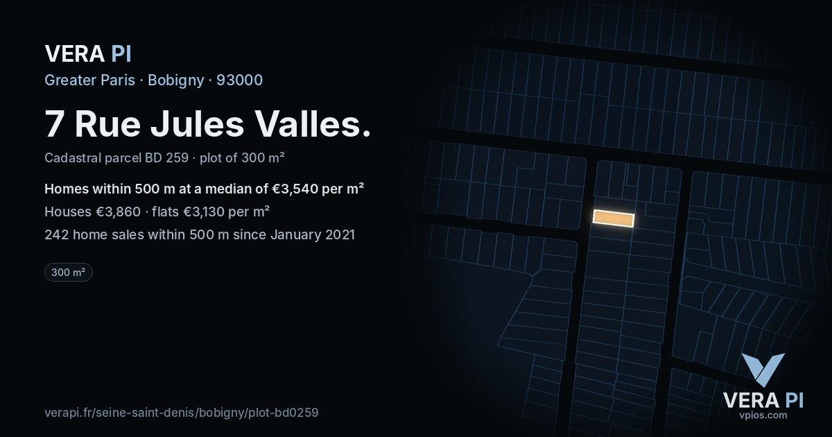 7 Rue Jules Valles, Bobigny at night – the plot lit, the parcels around coloured by the prices near them