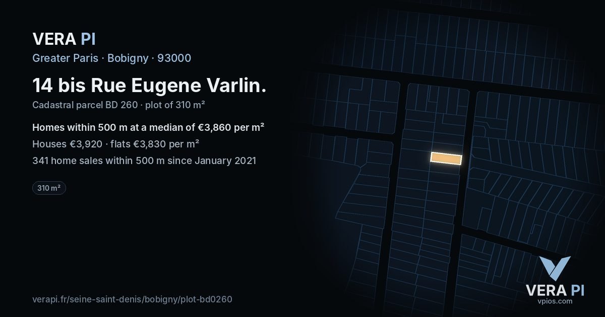 14 bis Rue Eugene Varlin, Bobigny at night – the plot lit, the parcels around coloured by the prices near them