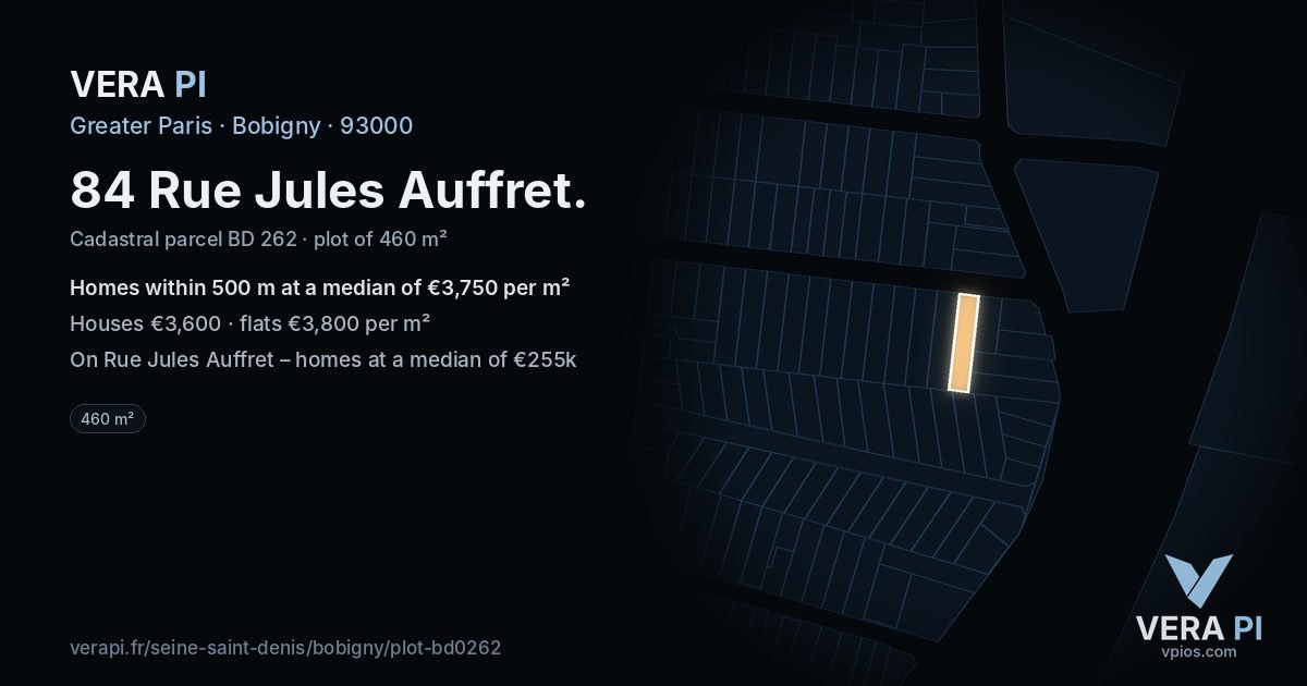 84 Rue Jules Auffret, Bobigny at night – the plot lit, the parcels around coloured by the prices near them