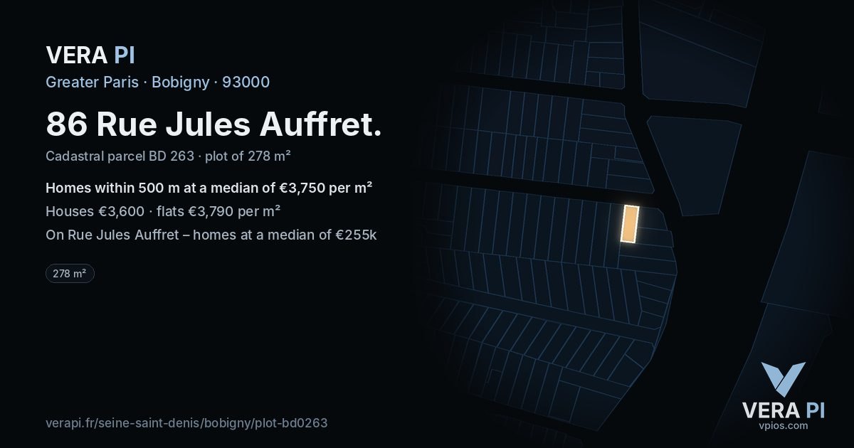 86 Rue Jules Auffret, Bobigny at night – the plot lit, the parcels around coloured by the prices near them