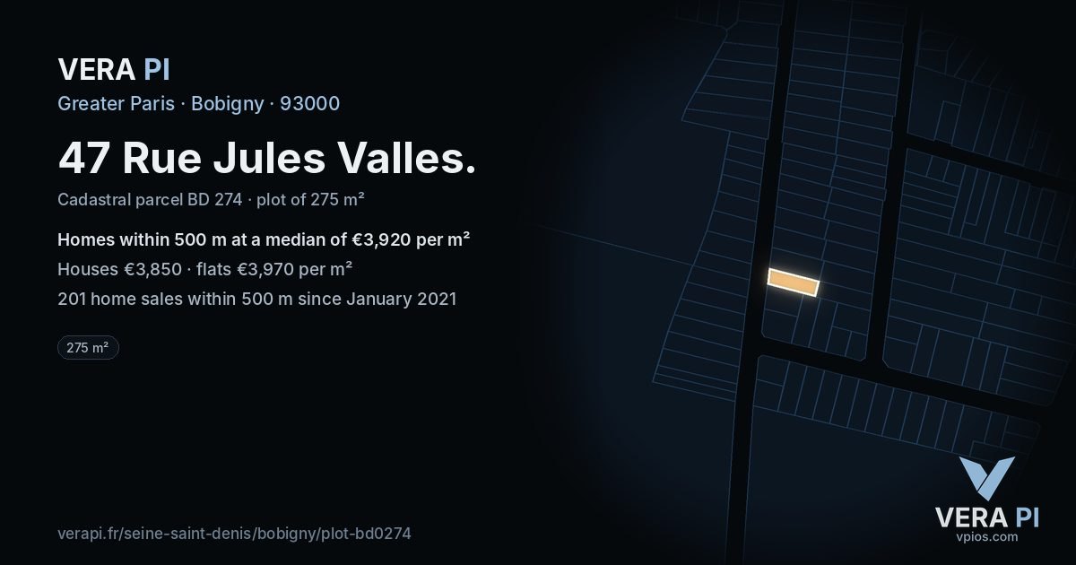 47 Rue Jules Valles, Bobigny at night – the plot lit, the parcels around coloured by the prices near them