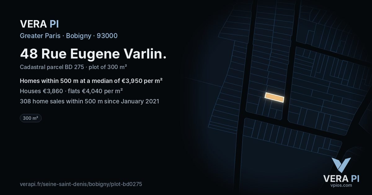 48 Rue Eugene Varlin, Bobigny at night – the plot lit, the parcels around coloured by the prices near them