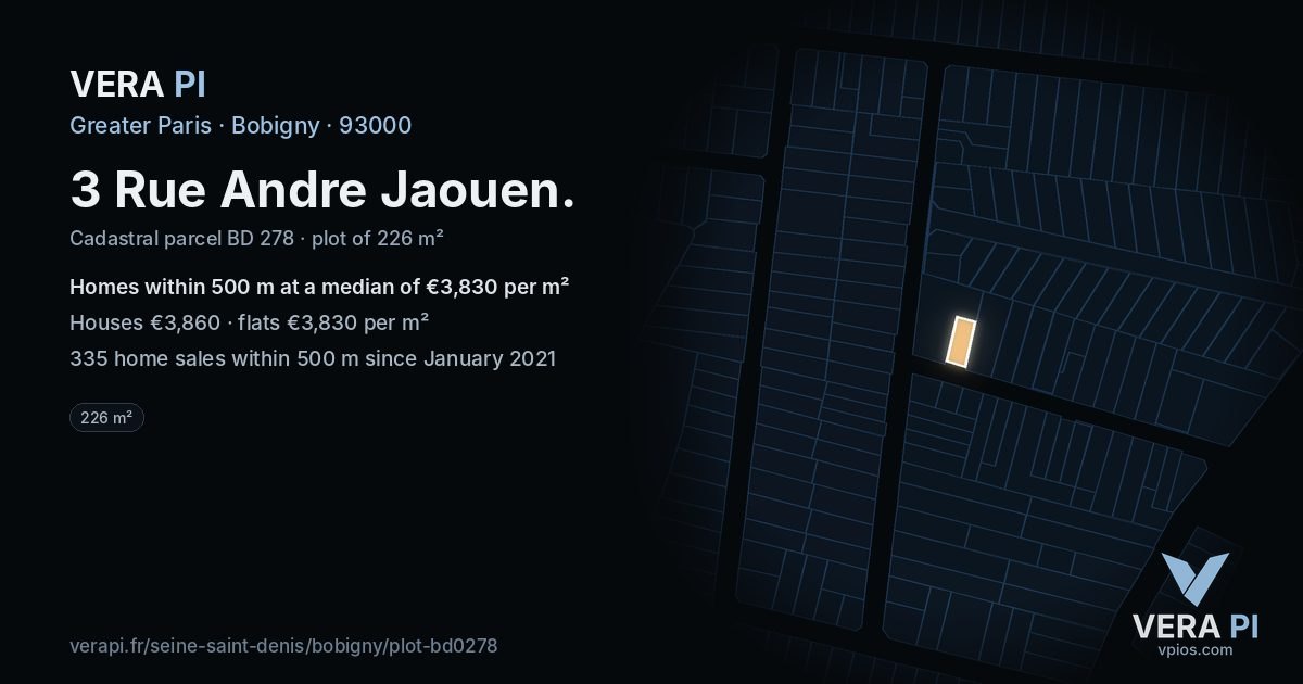 3 Rue Andre Jaouen, Bobigny at night – the plot lit, the parcels around coloured by the prices near them