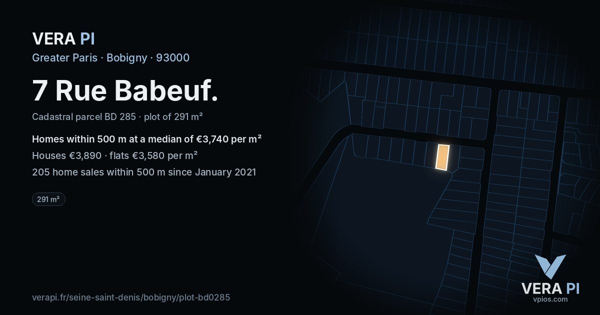 7 Rue Babeuf, Bobigny at night – the plot lit, the parcels around coloured by the prices near them
