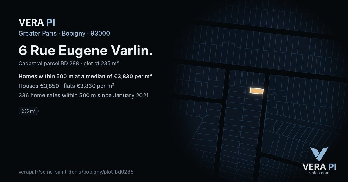 6 Rue Eugene Varlin, Bobigny at night – the plot lit, the parcels around coloured by the prices near them