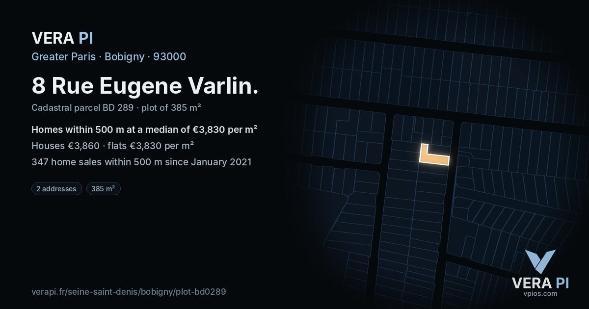 8 Rue Eugene Varlin, Bobigny at night – the plot lit, the parcels around coloured by the prices near them