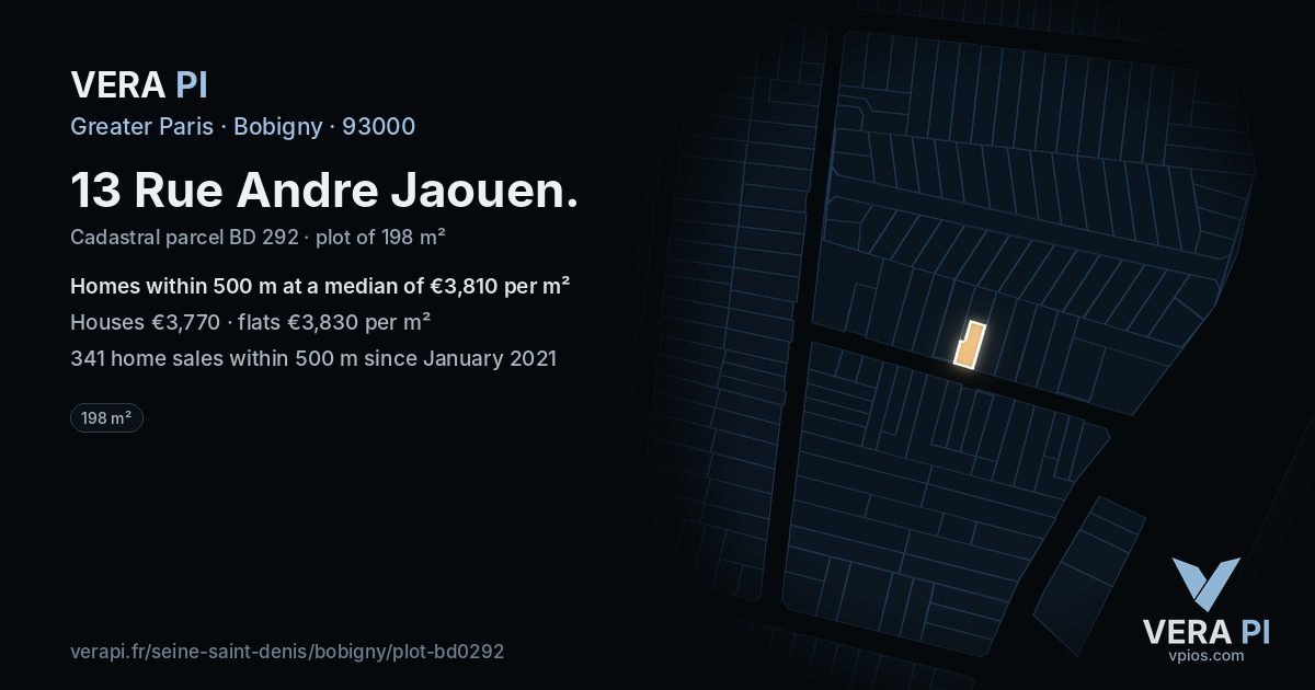 13 Rue Andre Jaouen, Bobigny at night – the plot lit, the parcels around coloured by the prices near them