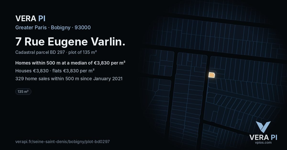 7 Rue Eugene Varlin, Bobigny at night – the plot lit, the parcels around coloured by the prices near them