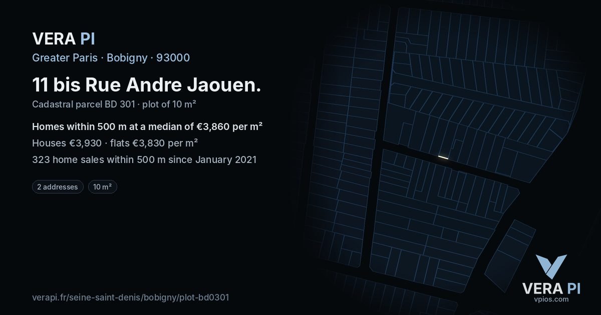 11 bis Rue Andre Jaouen, Bobigny at night – the plot lit, the parcels around coloured by the prices near them