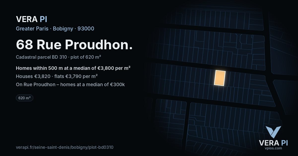 68 Rue Proudhon, Bobigny at night – the plot lit, the parcels around coloured by the prices near them