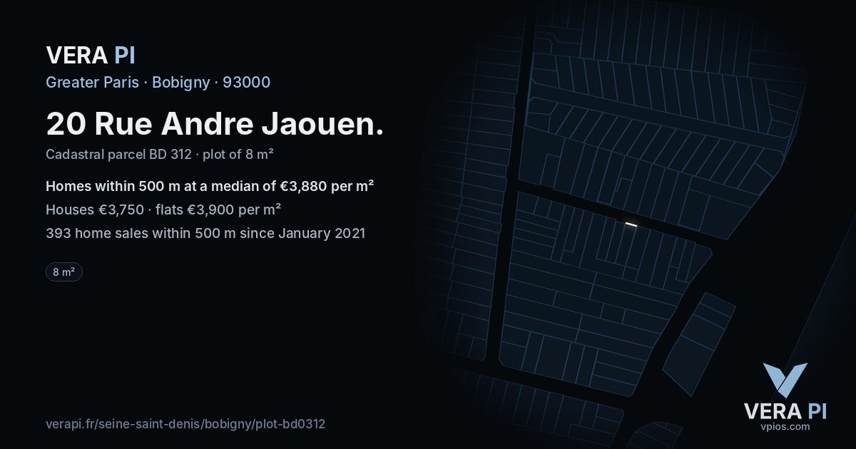 20 Rue Andre Jaouen, Bobigny at night – the plot lit, the parcels around coloured by the prices near them