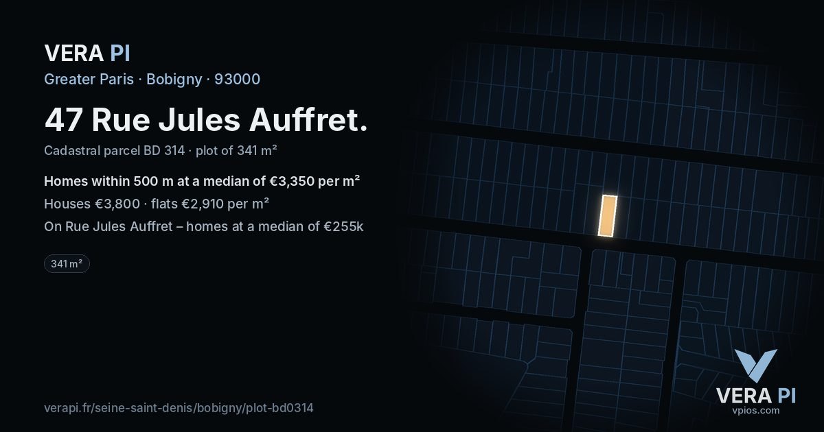 47 Rue Jules Auffret, Bobigny at night – the plot lit, the parcels around coloured by the prices near them