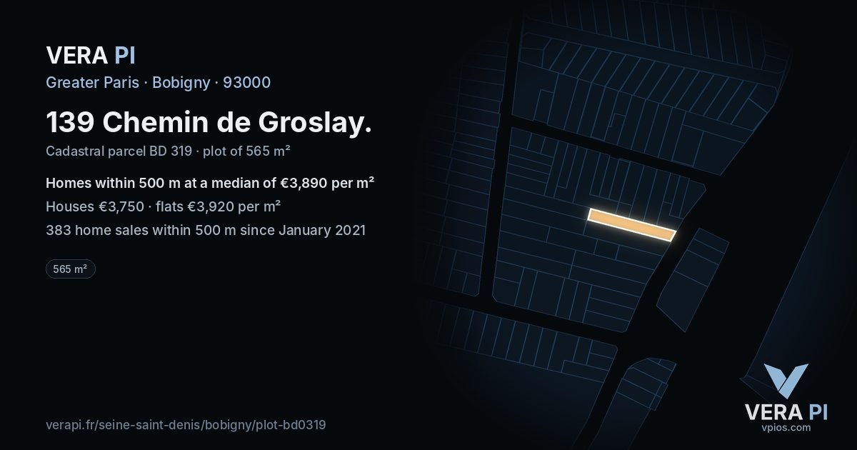 139 Chemin de Groslay, Bobigny at night – the plot lit, the parcels around coloured by the prices near them