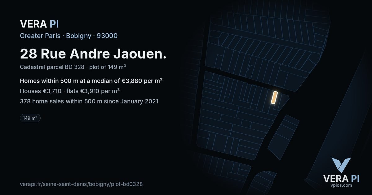 28 Rue Andre Jaouen, Bobigny at night – the plot lit, the parcels around coloured by the prices near them